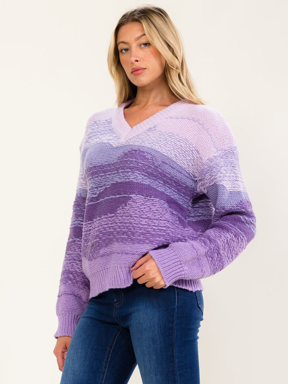WOMEN'S LONG SLEEVE V-NECK KNIT PULLOVER COLORBLOCK SWEATER