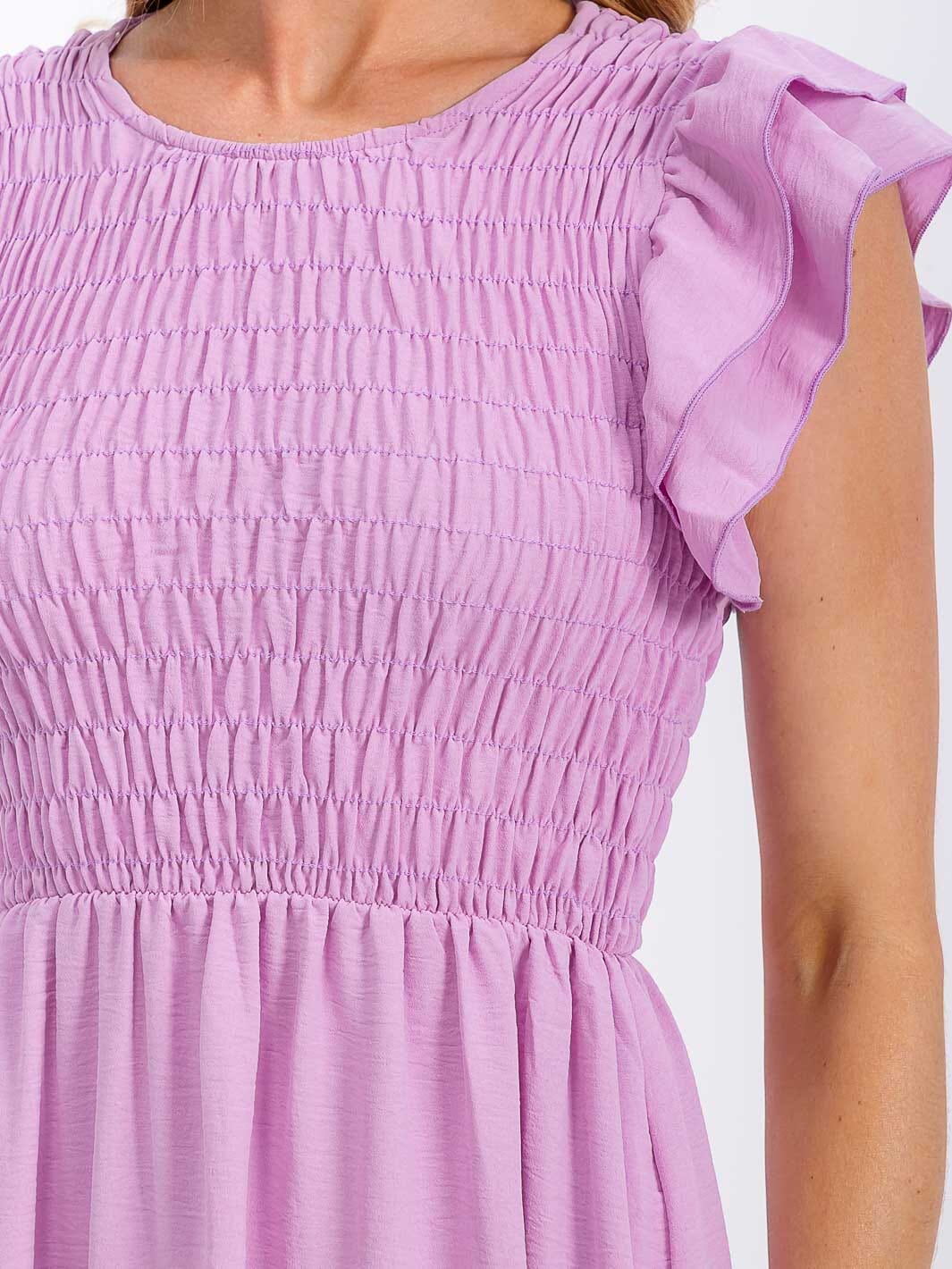 WOMEN'S RUFFLE SLEEVE FRONT POCKETS SMOCK RUFFLE BOTTOM HEM MIDI DRESS