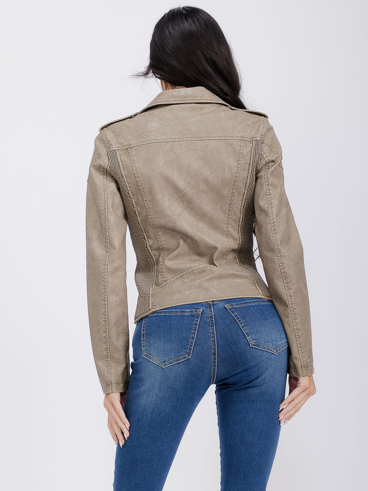 WOMEN'S LONG SLEEVE ZIPPER CLOSURE FRONT POCKETS PU PLEATHER JACKET