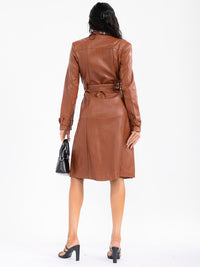WOMEN'S LONG SLEEVE BUTTON UP POCKETS PU PLEATHER MINI DRESS