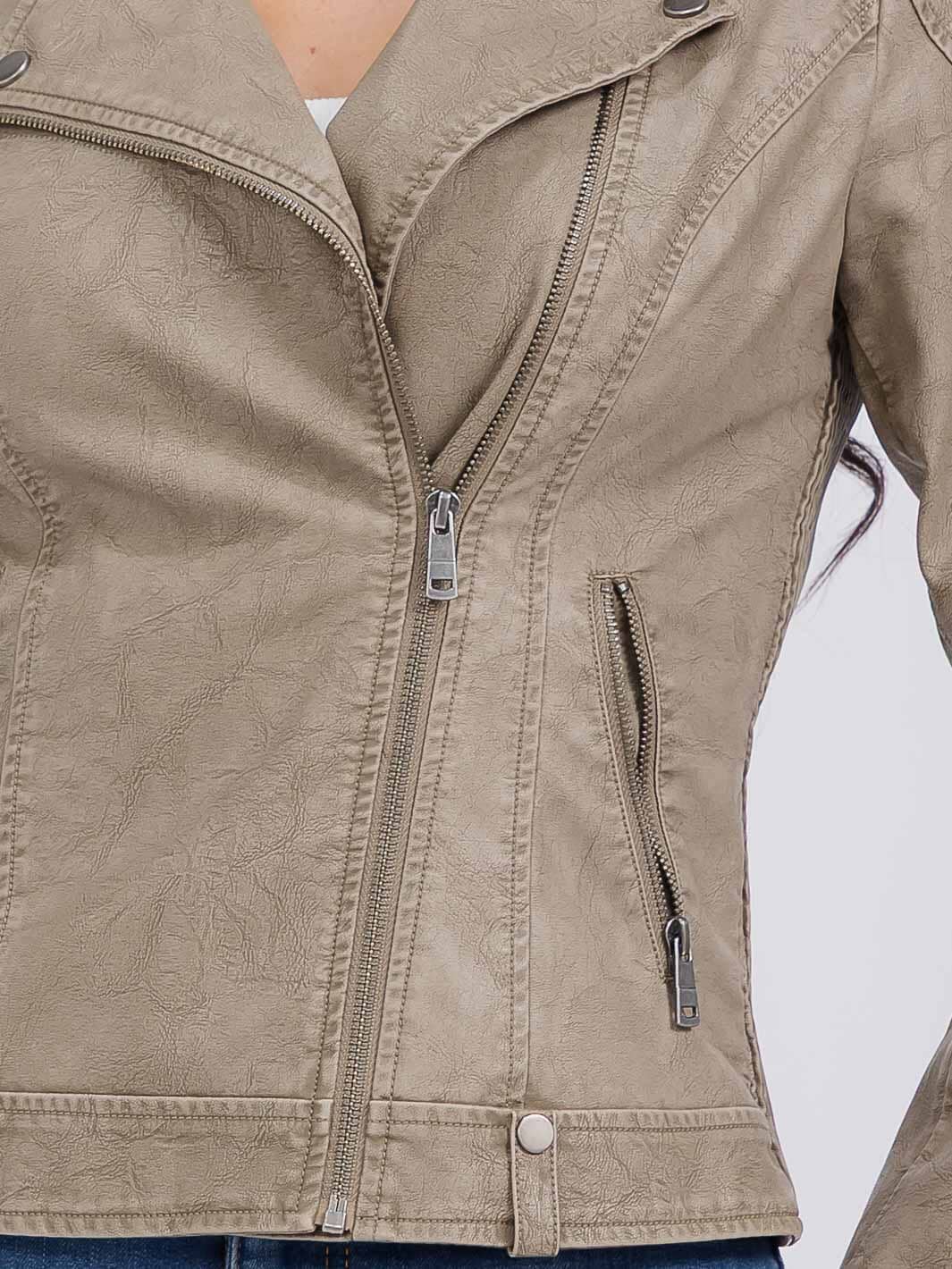 WOMEN'S LONG SLEEVE ZIPPER CLOSURE FRONT POCKETS PU PLEATHER JACKET