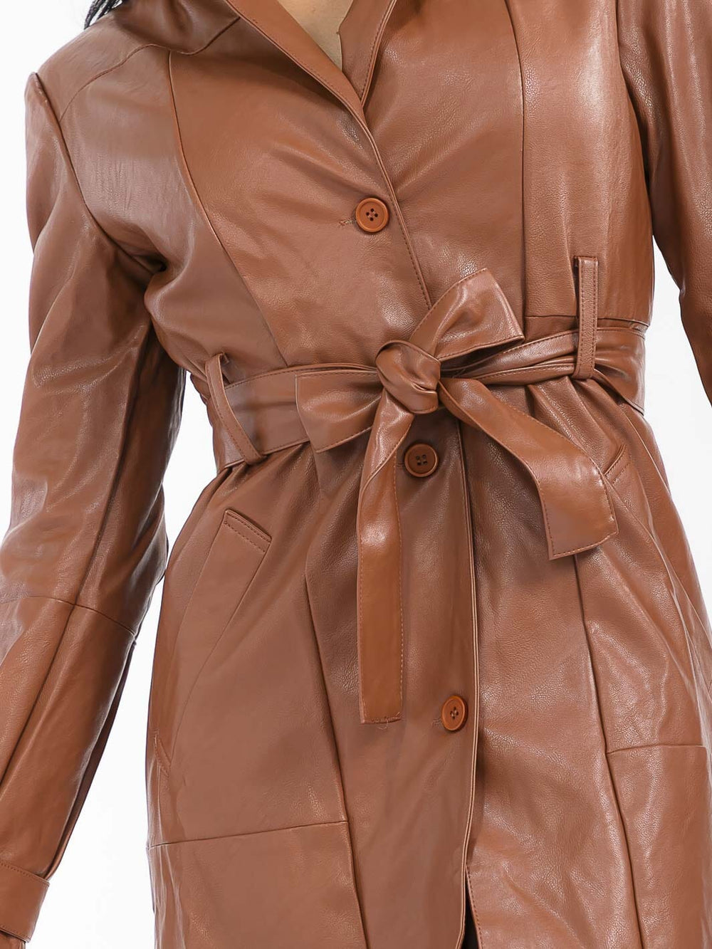 WOMEN'S LONG SLEEVE BUTTON UP POCKETS PU PLEATHER MINI DRESS