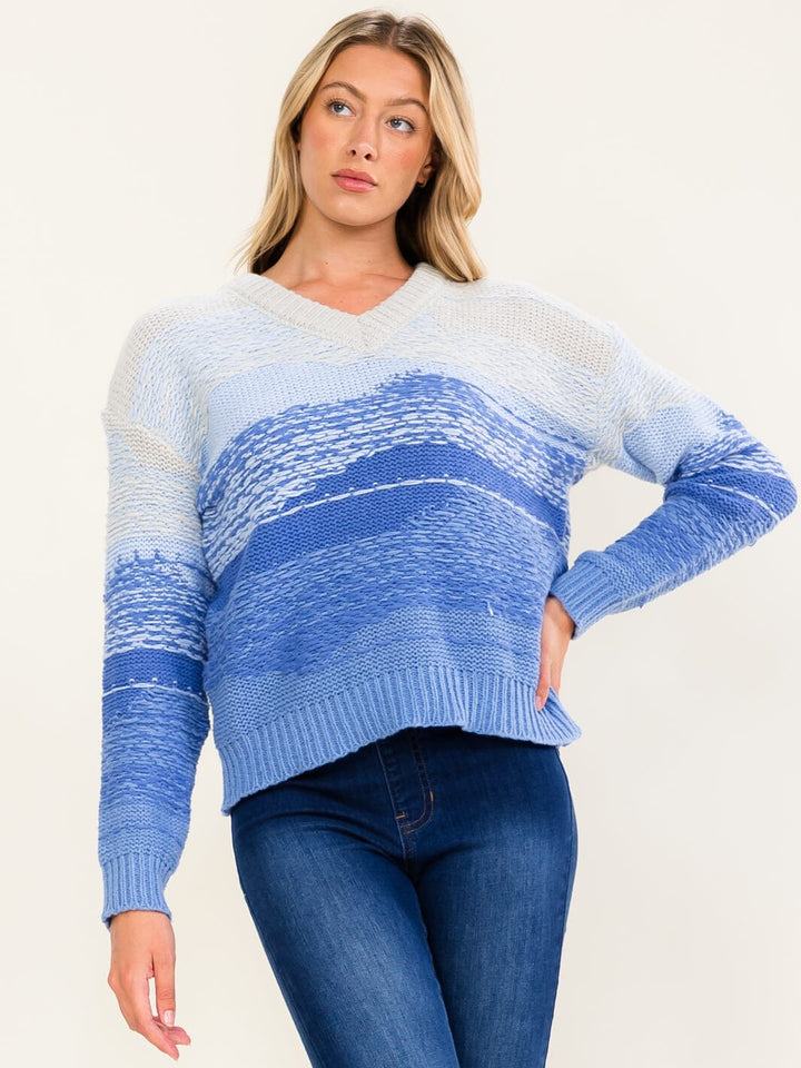 WOMEN'S LONG SLEEVE V-NECK KNIT PULLOVER COLORBLOCK SWEATER