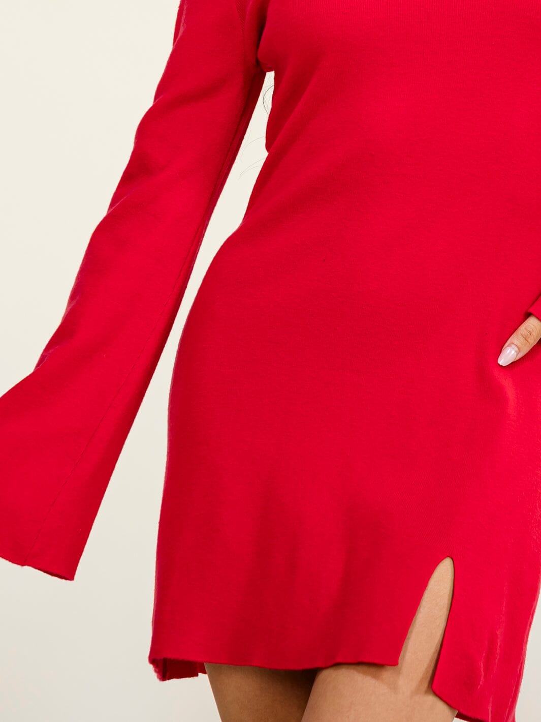 WOMEN'S LONG BELL SLEEVE MOCK NECK FRONT SLIT BODYCON MINI DRESS