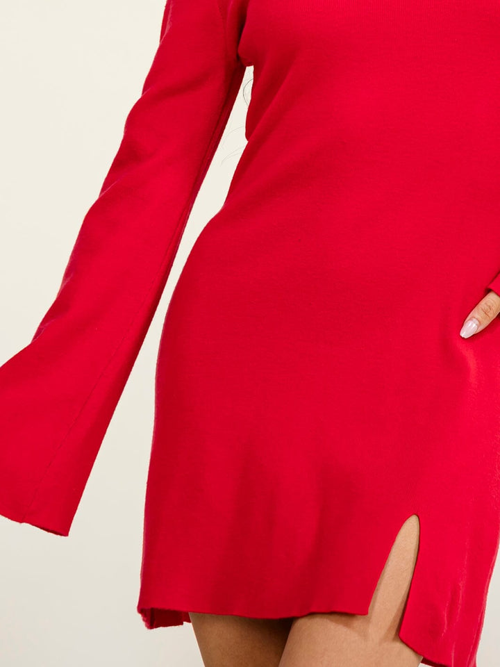 WOMEN'S LONG BELL SLEEVE MOCK NECK FRONT SLIT BODYCON MINI DRESS