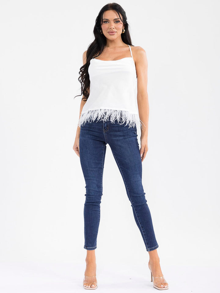 WOMEN'S SLEEVELESS OPEN BACK TRIM DETAILED TOP