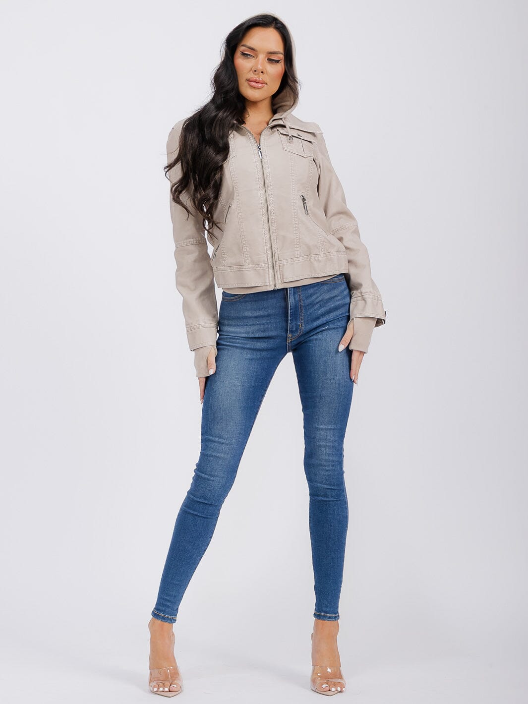 WOMEN'S LONG SLEEVE REMOVABLE HOODIE ZIPPER CLOSURE FRONT POCKETS PU PLEATHER JACKET