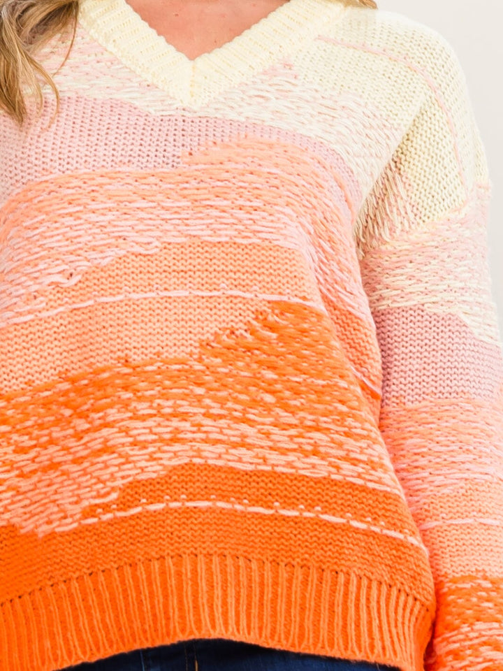WOMEN'S LONG SLEEVE V-NECK KNIT PULLOVER COLORBLOCK SWEATER