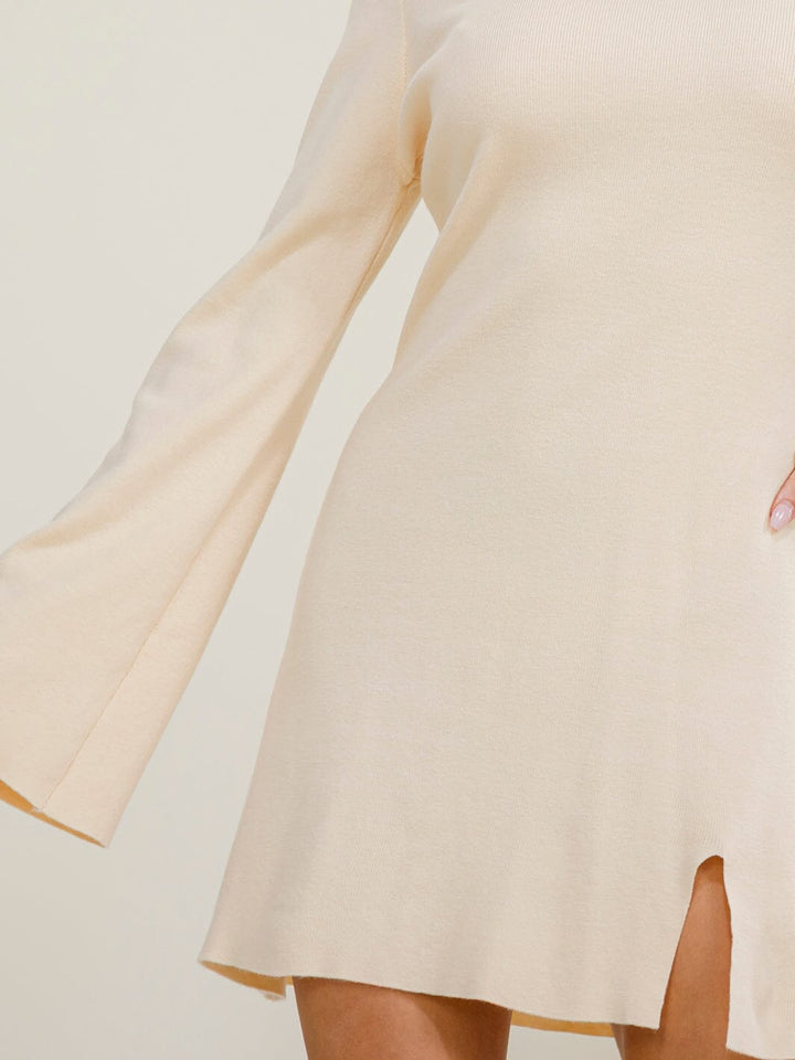 WOMEN'S LONG BELL SLEEVE MOCK NECK FRONT SLIT BODYCON MINI DRESS