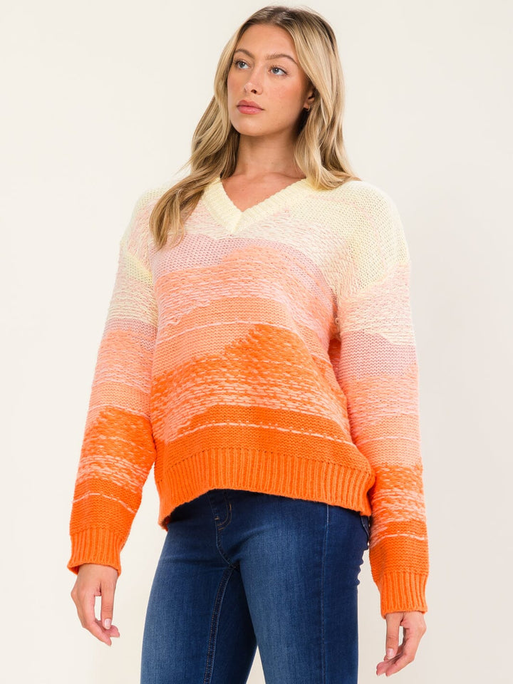 WOMEN'S LONG SLEEVE V-NECK KNIT PULLOVER COLORBLOCK SWEATER