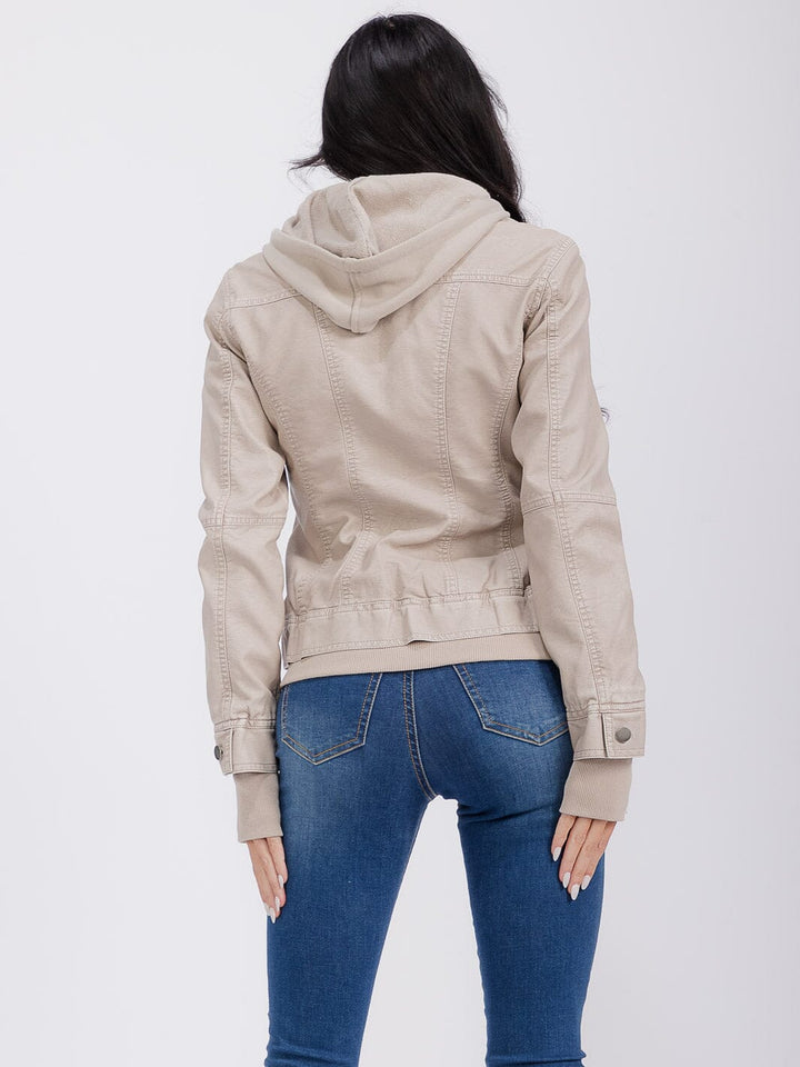 WOMEN'S LONG SLEEVE REMOVABLE HOODIE ZIPPER CLOSURE FRONT POCKETS PU PLEATHER JACKET
