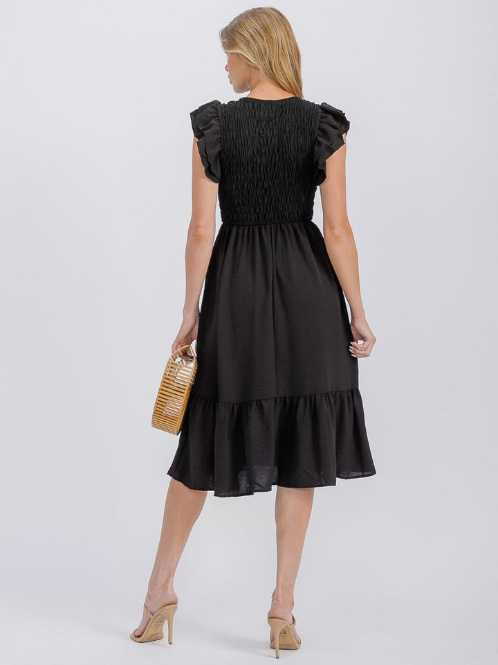 WOMEN'S RUFFLE SLEEVE FRONT POCKETS SMOCK RUFFLE BOTTOM HEM MIDI DRESS