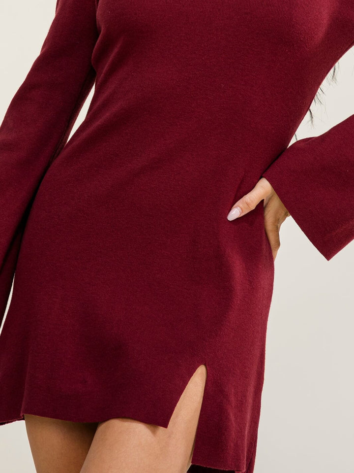 WOMEN'S LONG BELL SLEEVE MOCK NECK FRONT SLIT BODYCON MINI DRESS