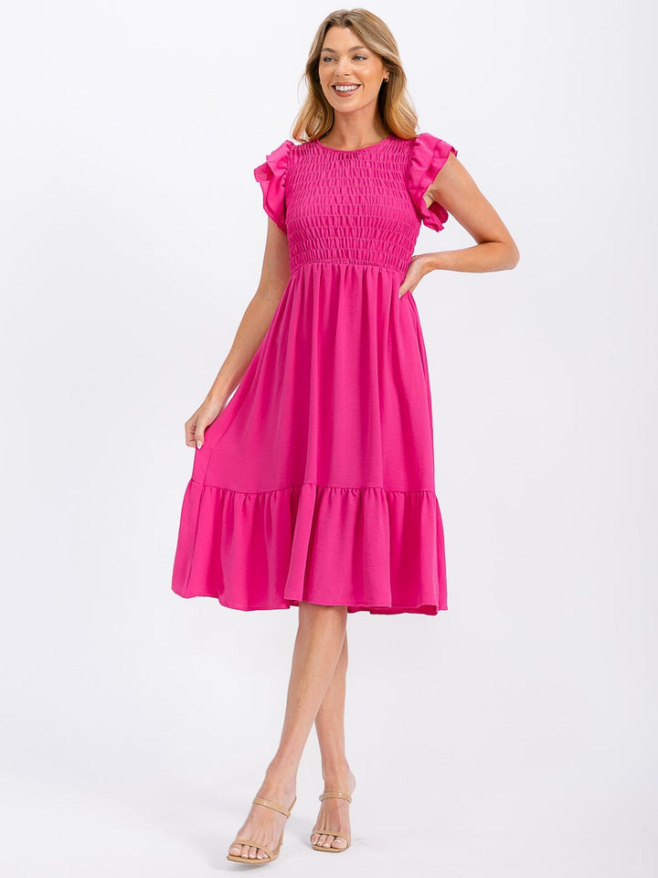 WOMEN'S RUFFLE SLEEVE FRONT POCKETS SMOCK RUFFLE BOTTOM HEM MIDI DRESS