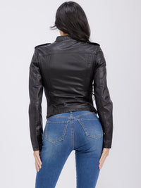 WOMEN'S LONG SLEEVE ZIPPER CLOSURE FRONT POCKETS PU PLEATHER JACKET