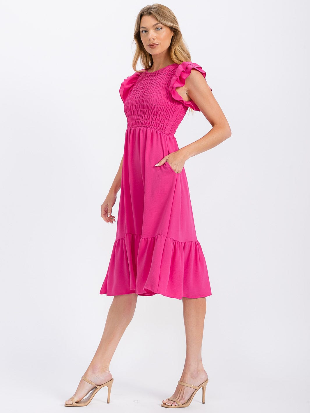 WOMEN'S RUFFLE SLEEVE FRONT POCKETS SMOCK RUFFLE BOTTOM HEM MIDI DRESS