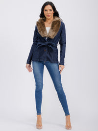 WOMEN'S LONG SLEEVE REMOVABLE FAUX FUR COLLAR POCKETS DENIM JACKET