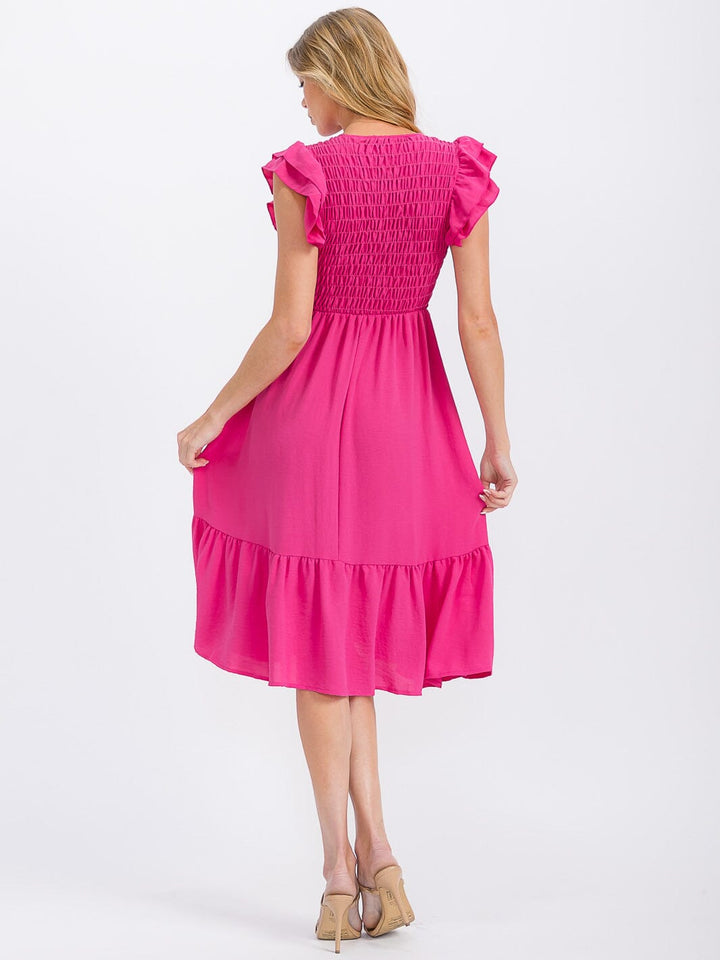 WOMEN'S RUFFLE SLEEVE FRONT POCKETS SMOCK RUFFLE BOTTOM HEM MIDI DRESS