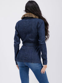 WOMEN'S LONG SLEEVE REMOVABLE FAUX FUR COLLAR POCKETS DENIM JACKET
