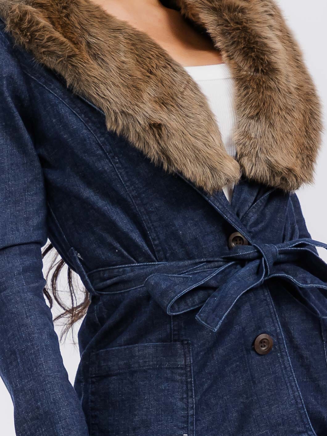 WOMEN'S LONG SLEEVE REMOVABLE FAUX FUR COLLAR POCKETS DENIM JACKET