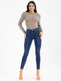 WOMEN'S LONG SLEEVE MESH STUDS BODYSUIT
