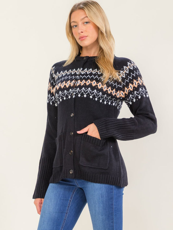 WOMEN'S LONG SLEEVE BUTTON UP FRONT POCKETS PRINT SWEATER