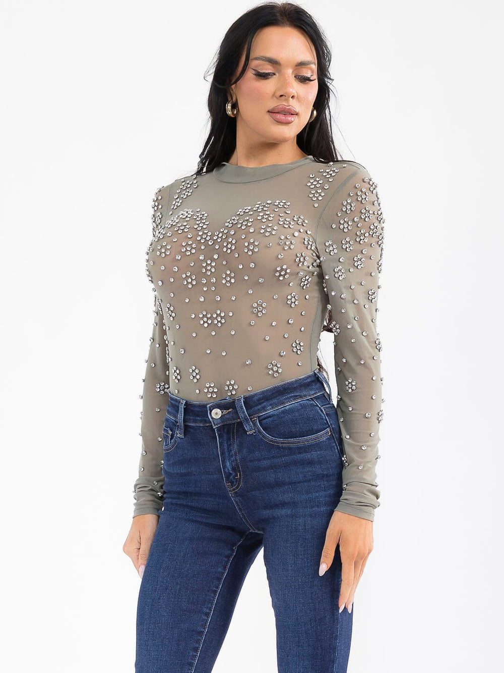 WOMEN'S LONG SLEEVE MESH STUDS BODYSUIT