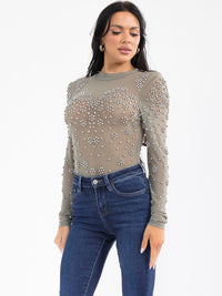 WOMEN'S LONG SLEEVE MESH STUDS BODYSUIT