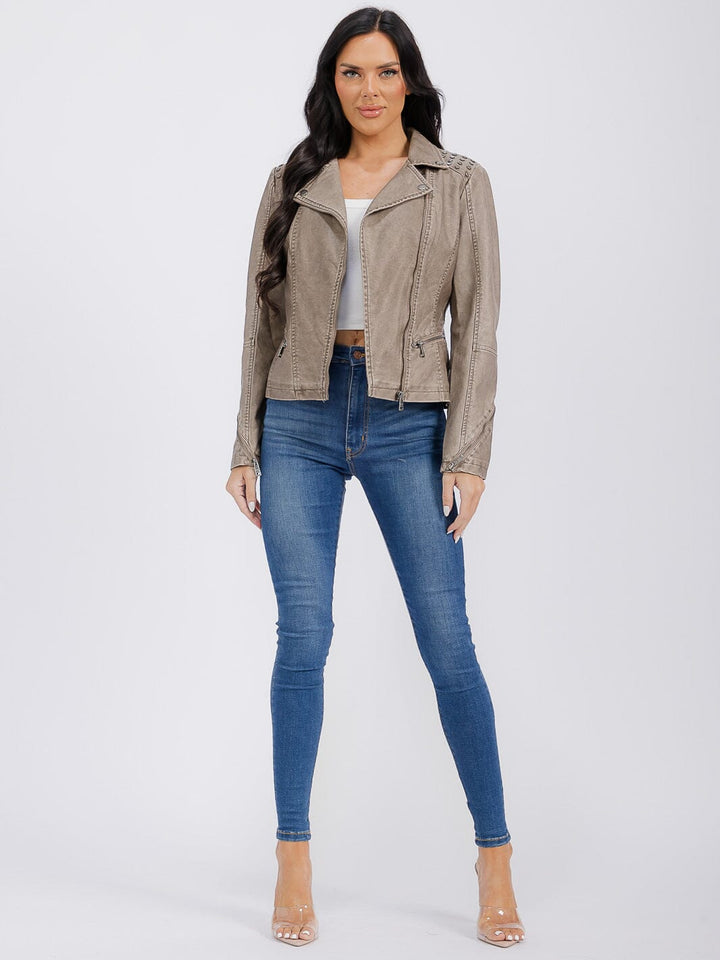 WOMEN'S LONG SLEEVE ZIPPER CLOSURE FRONT POCKETS STUDS PU PLEATHER JACKET