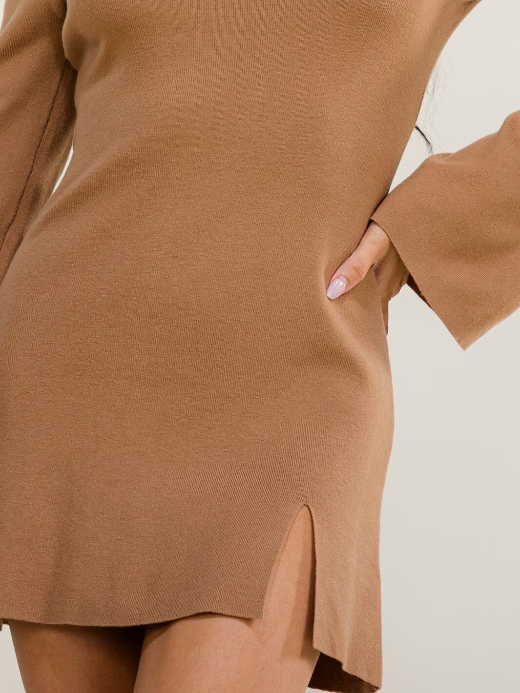 WOMEN'S LONG BELL SLEEVE MOCK NECK FRONT SLIT BODYCON MINI DRESS