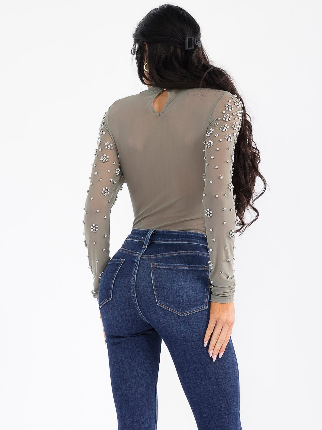 WOMEN'S LONG SLEEVE MESH STUDS BODYSUIT