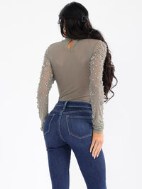 WOMEN'S LONG SLEEVE MESH STUDS BODYSUIT