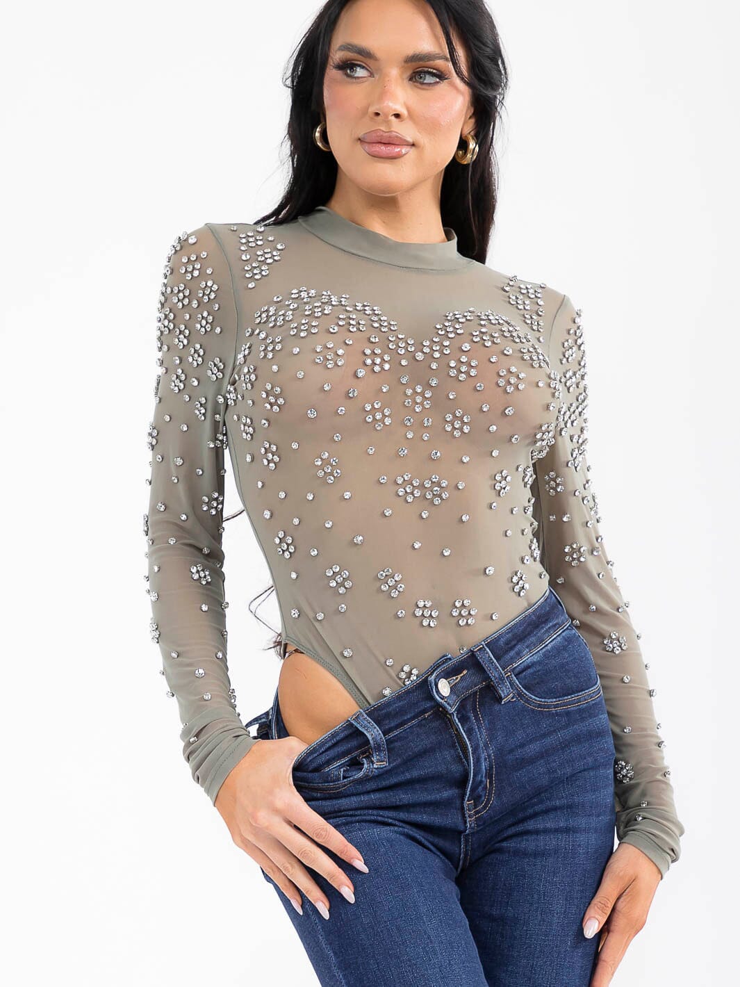 WOMEN'S LONG SLEEVE MESH STUDS BODYSUIT