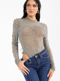 WOMEN'S LONG SLEEVE MESH STUDS BODYSUIT