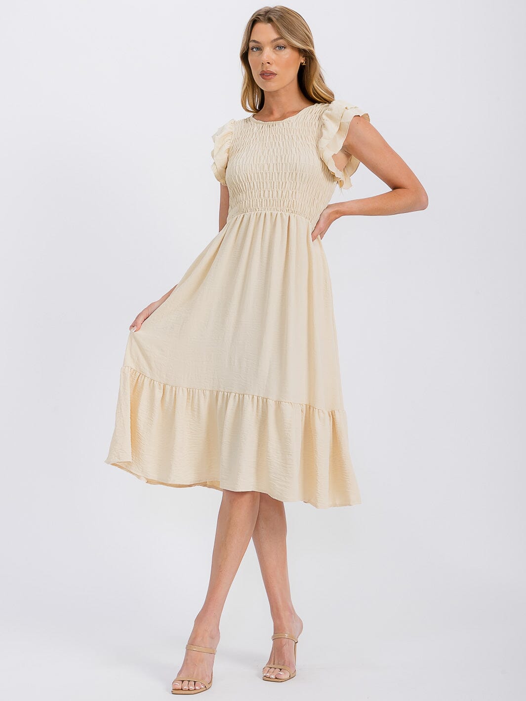 WOMEN'S RUFFLE SLEEVE FRONT POCKETS SMOCK RUFFLE BOTTOM HEM MIDI DRESS