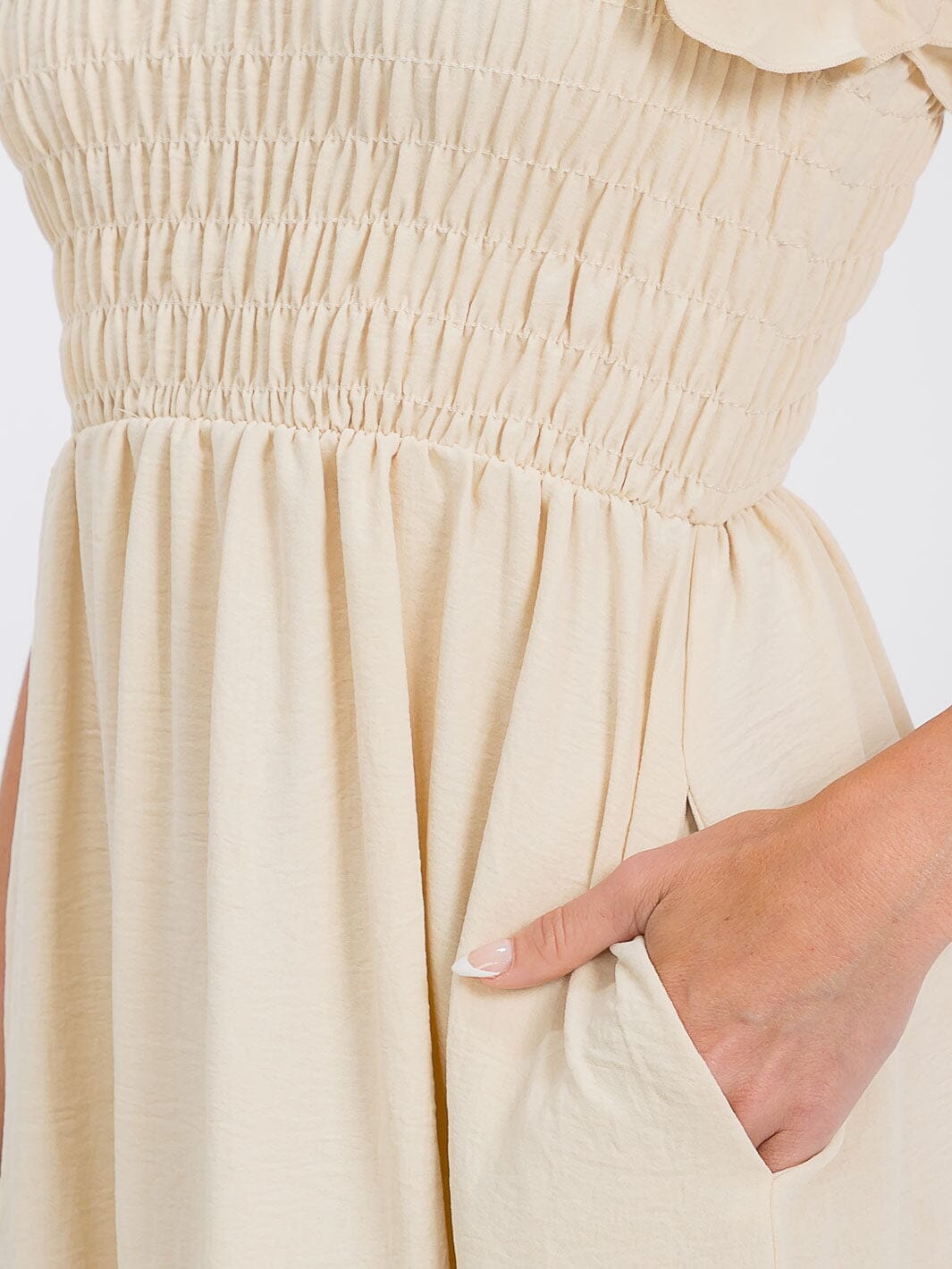 WOMEN'S RUFFLE SLEEVE FRONT POCKETS SMOCK RUFFLE BOTTOM HEM MIDI DRESS