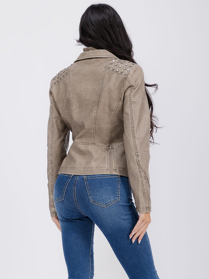 WOMEN'S LONG SLEEVE ZIPPER CLOSURE FRONT POCKETS STUDS PU PLEATHER JACKET