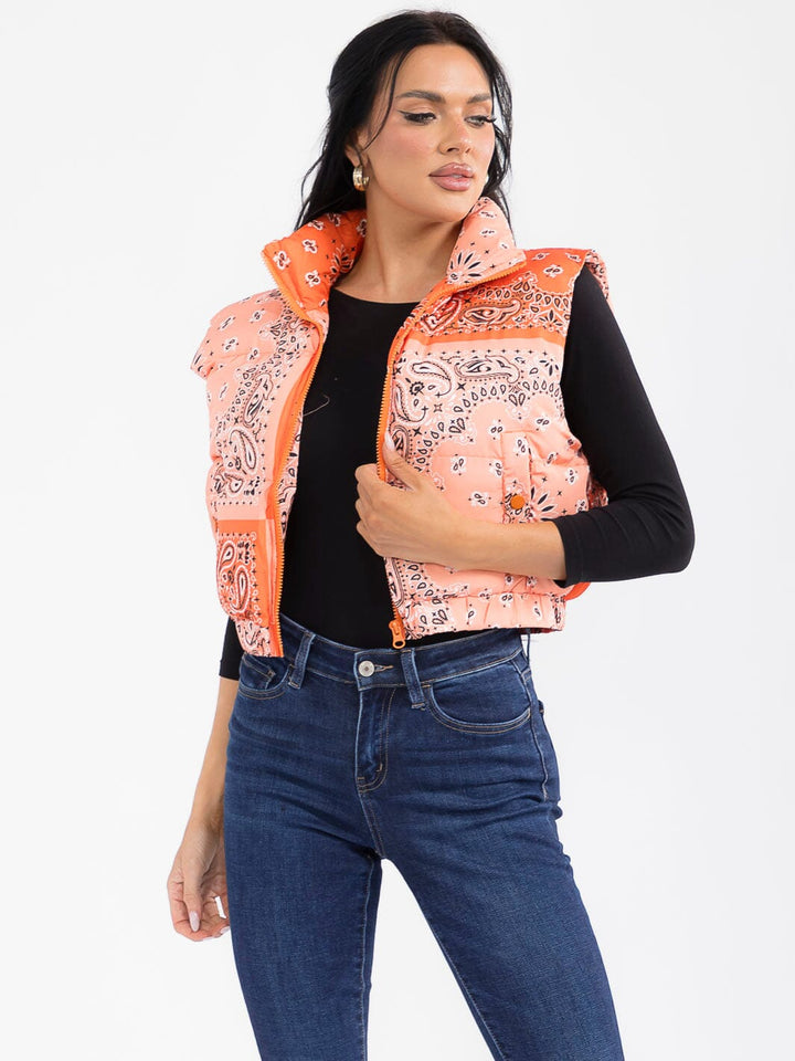 WOMEN'S SLEEVELESS ZIP UP FRONT POCKETS MULTI PRINT PUFFER VEST