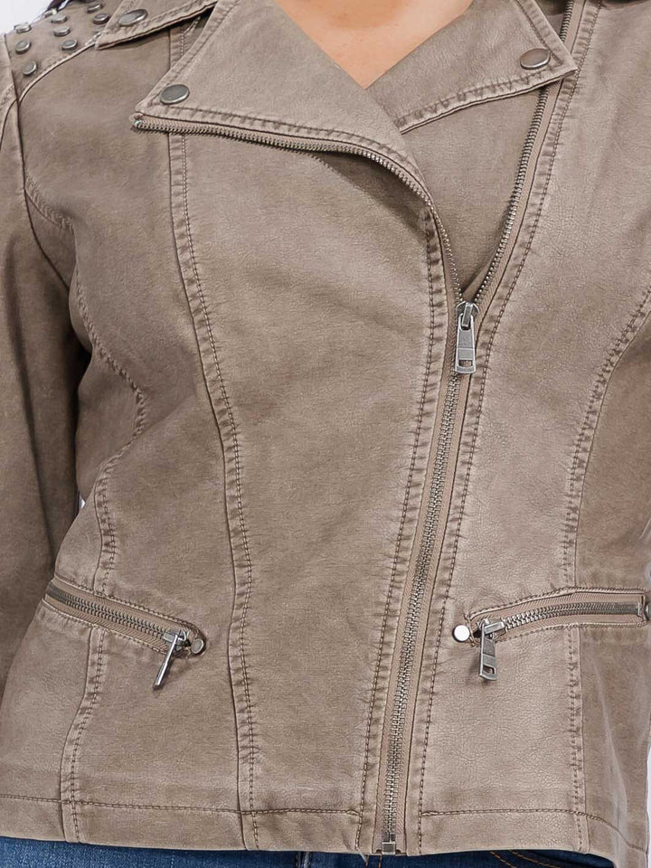 WOMEN'S LONG SLEEVE ZIPPER CLOSURE FRONT POCKETS STUDS PU PLEATHER JACKET
