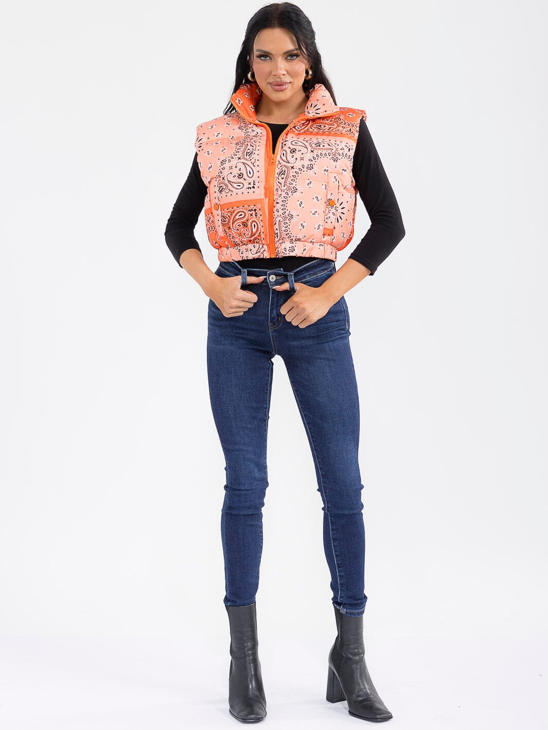 WOMEN'S SLEEVELESS ZIP UP FRONT POCKETS MULTI PRINT PUFFER VEST