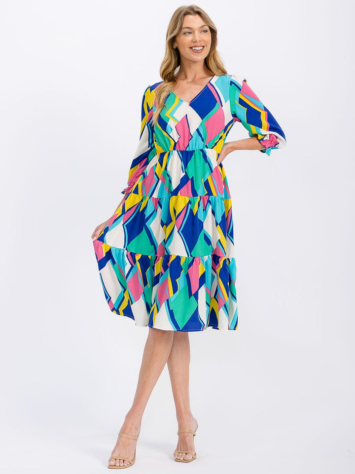 WOMEN'S 3/4 SLEEVE V-NECK ELASTIC WAIST MULTI PRINT MIDI DRESS
