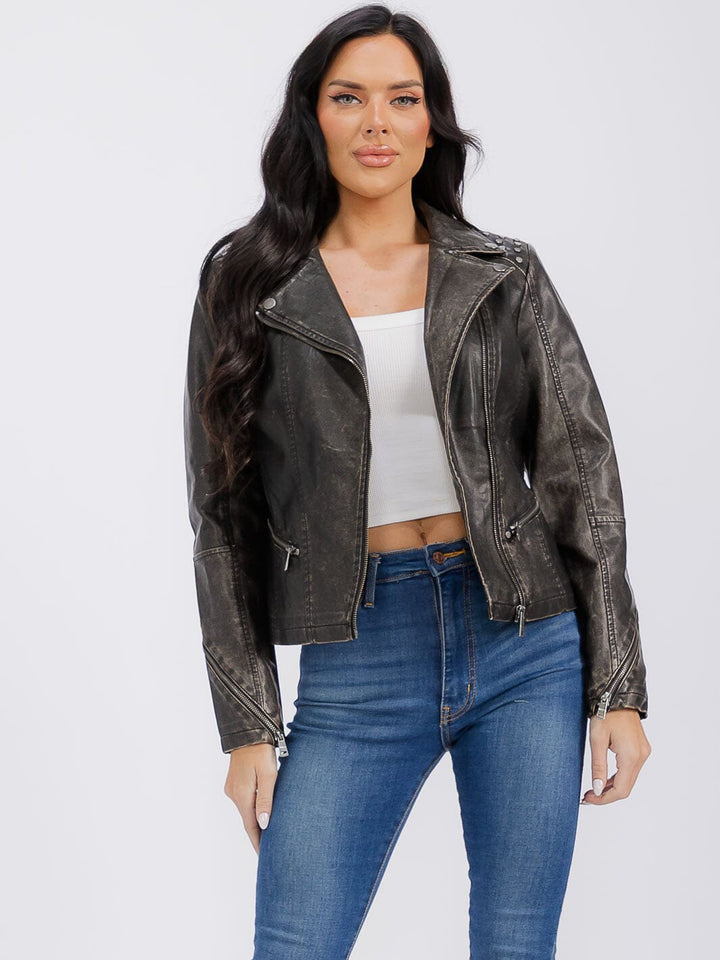 WOMEN'S LONG SLEEVE ZIPPER CLOSURE FRONT POCKETS STUDS PU PLEATHER JACKET