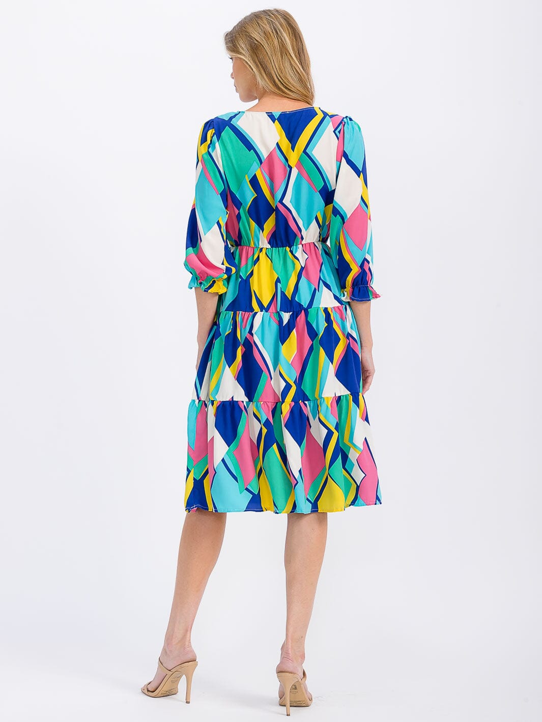 WOMEN'S 3/4 SLEEVE V-NECK ELASTIC WAIST MULTI PRINT MIDI DRESS