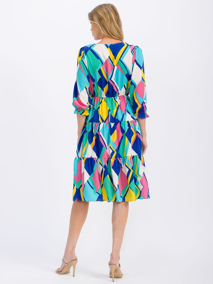 WOMEN'S 3/4 SLEEVE V-NECK ELASTIC WAIST MULTI PRINT MIDI DRESS