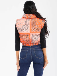 WOMEN'S SLEEVELESS ZIP UP FRONT POCKETS MULTI PRINT PUFFER VEST