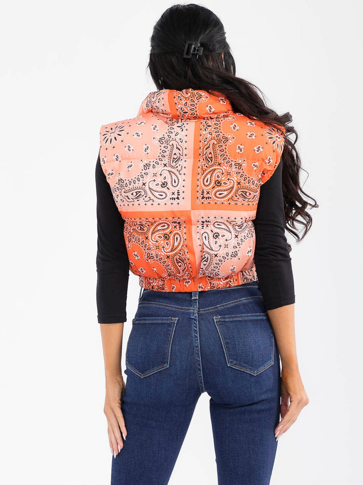 WOMEN'S SLEEVELESS ZIP UP FRONT POCKETS MULTI PRINT PUFFER VEST