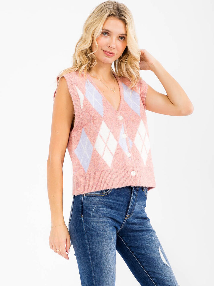 WOMEN'S LONG SLEEVE V-NECK BUTTON UP PRINT VEST