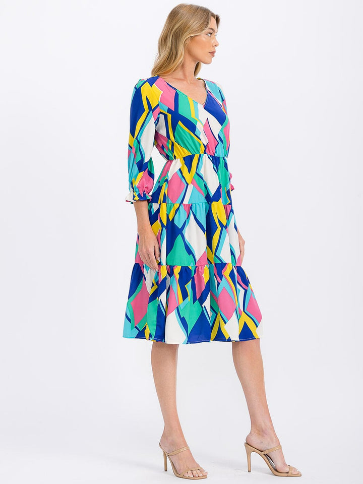 WOMEN'S 3/4 SLEEVE V-NECK ELASTIC WAIST MULTI PRINT MIDI DRESS