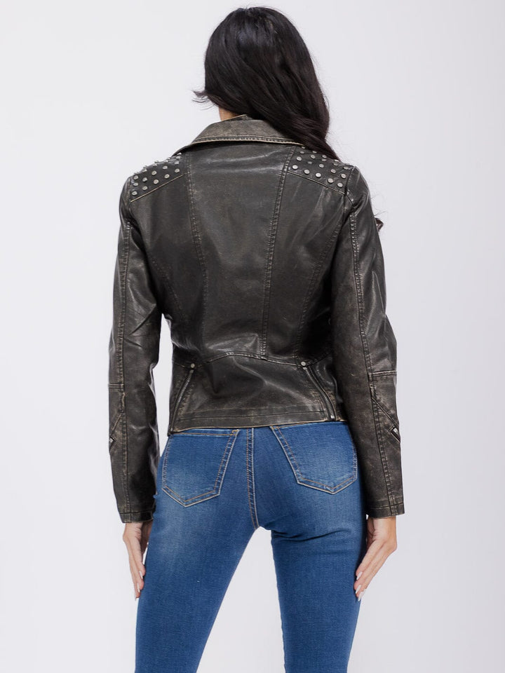 WOMEN'S LONG SLEEVE ZIPPER CLOSURE FRONT POCKETS STUDS PU PLEATHER JACKET