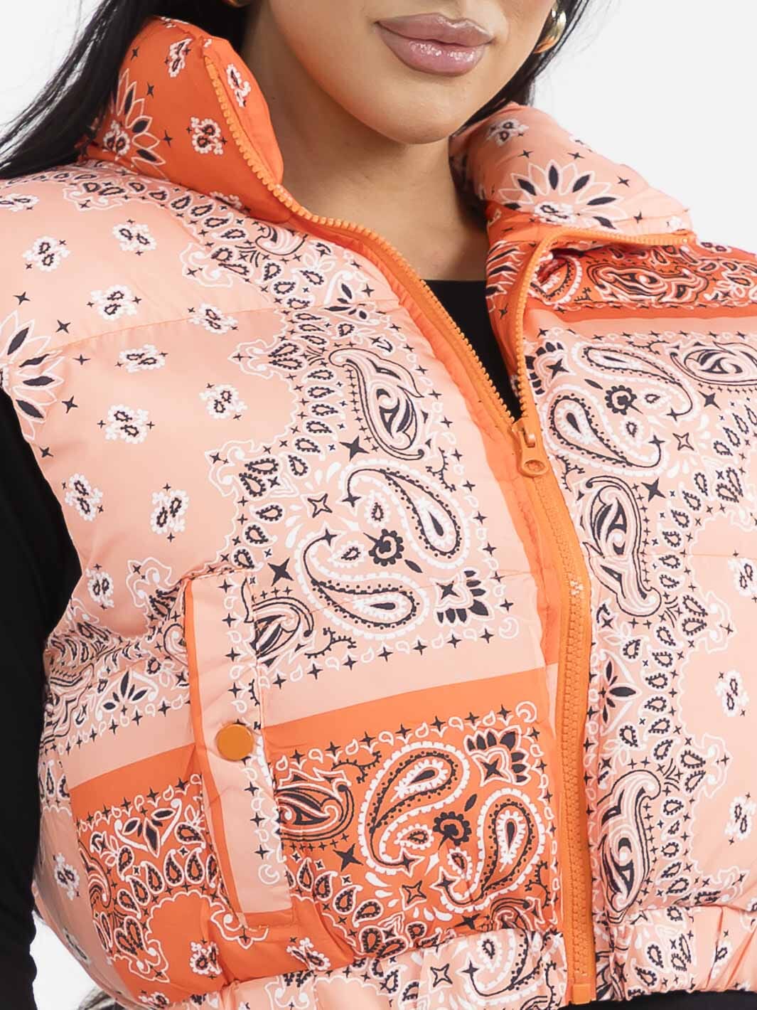 WOMEN'S SLEEVELESS ZIP UP FRONT POCKETS MULTI PRINT PUFFER VEST